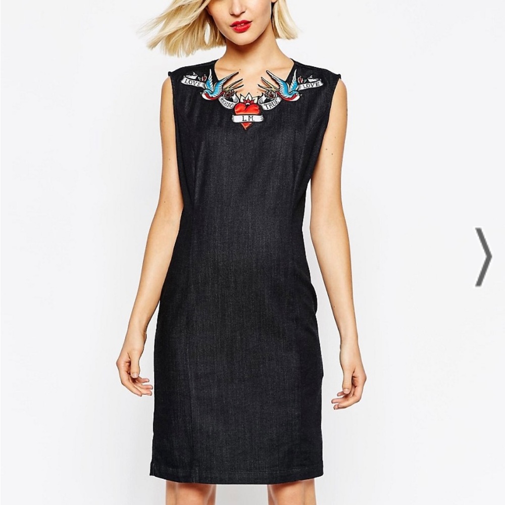 Love Moschino Denim Shift Dress With Tattoo Motif